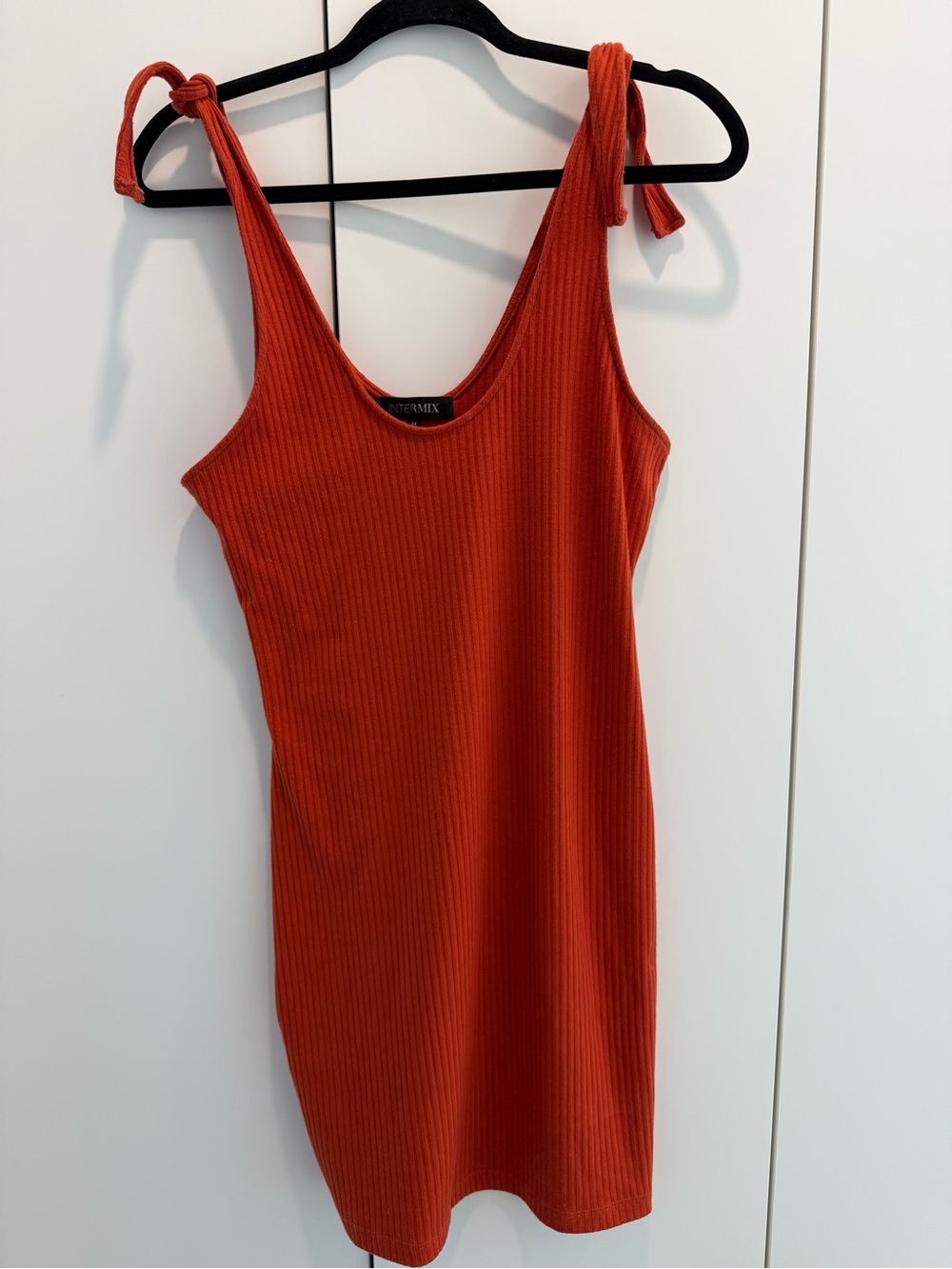 INTERMIX Ribbed Tie-Shoulder Mini Dress in Rust